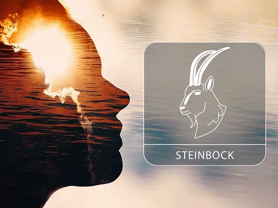 Eine Person als Silhouette, in die eine Sonnenuntergangslandschaft mit Wasser hineingeblendet ist neben dem Sternzeichen Steinbock