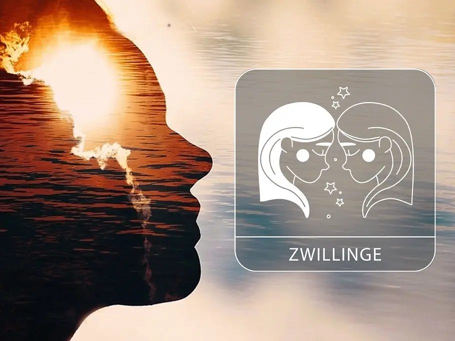 Eine Person als Silhouette, in die eine Sonnenuntergangslandschaft mit Wasser hineingeblendet ist neben dem Sternzeichen Zwillinge