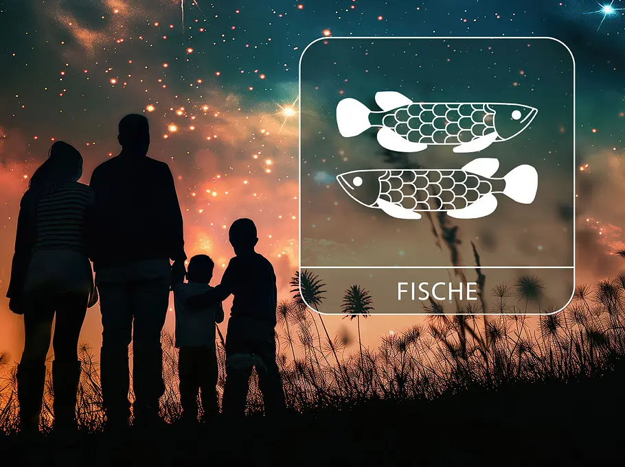 Sternzeichen Fische neben der Silhouette einer Familie