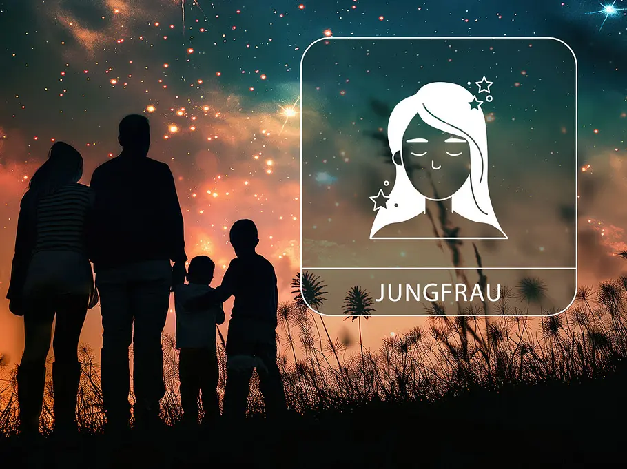 Sternzeichen Jungfrau neben der Silhouette einer Familie