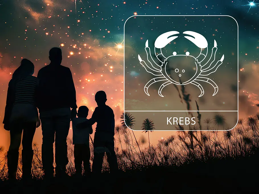 Sternzeichen Krebs neben der Silhouette einer Familie
