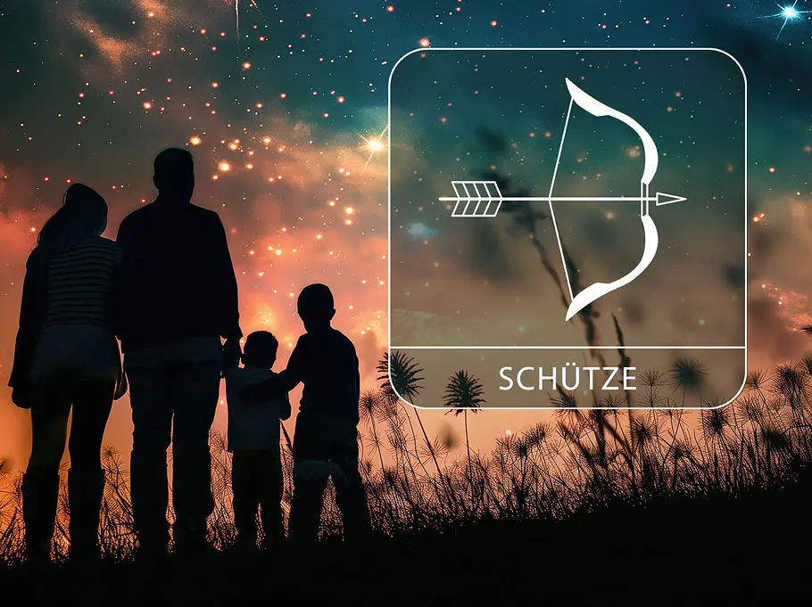 Sternzeichen Schütze neben der Silhouette einer Familie