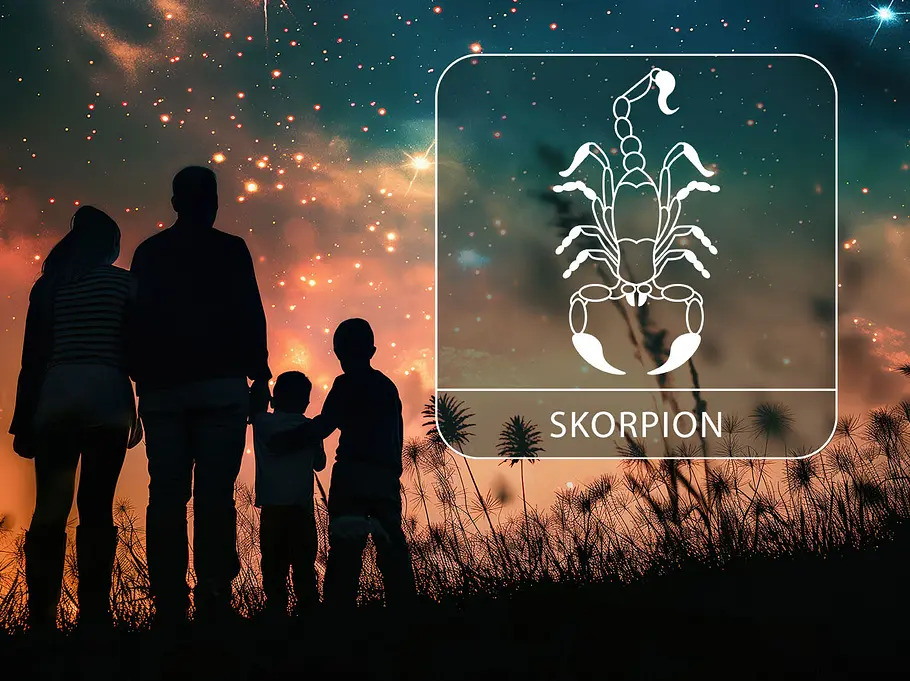 Sternzeichen Skorpion neben der Silhouette einer Familie