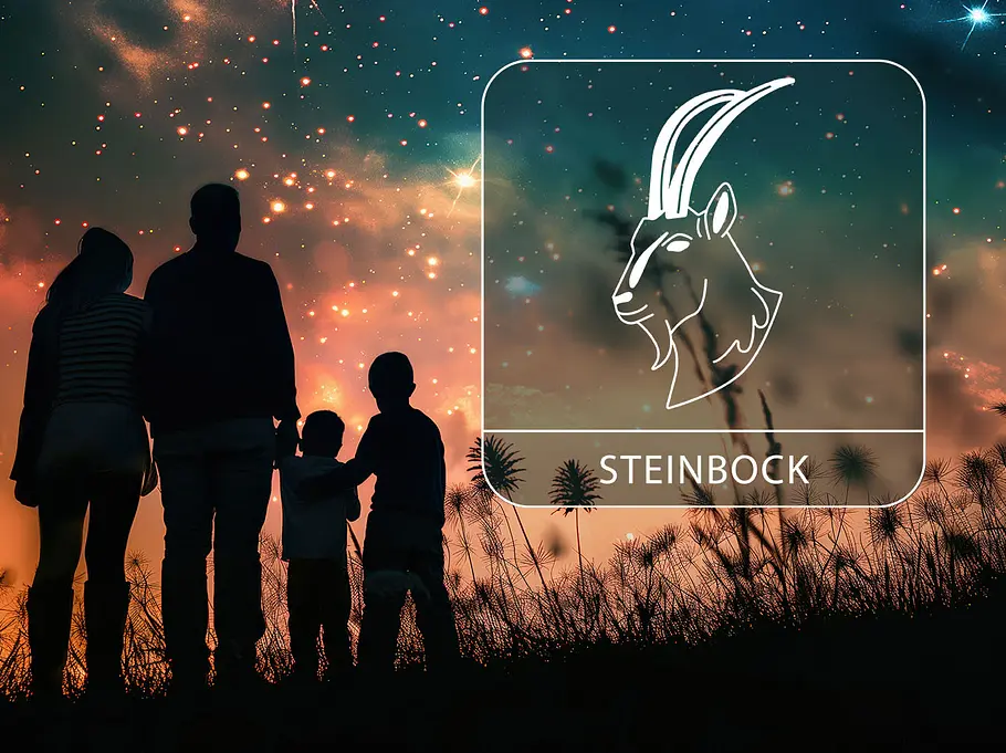 Sternzeichen Steinbock neben der Silhouette einer Familie