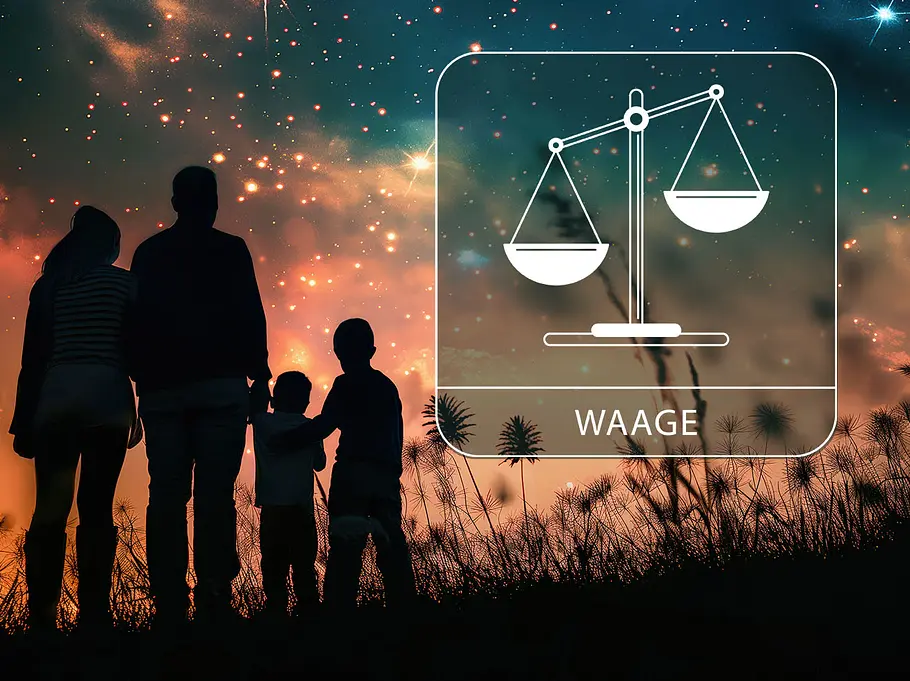 Sternzeichen Waage neben der Silhouette einer Familie