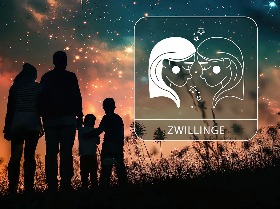 Sternzeichen Zwillinge neben der Silhouette einer Familie