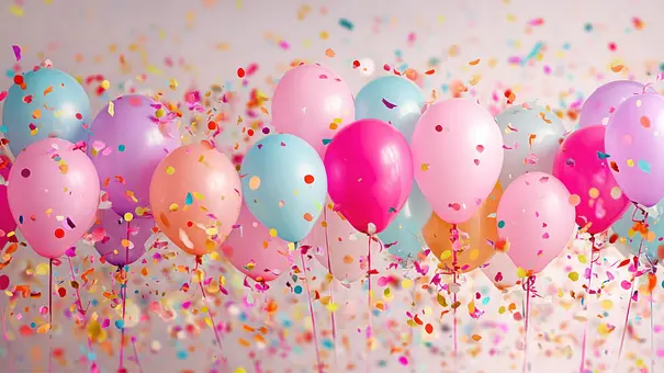 Bunte Luftballon vor einem rosafarbenen Hintergrund umgeben von Konfetti - Foto: phy / AdobeStock