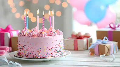 Eine rosa Torte mit bunten Streuseln und brennenden Kerzen steht vor Geschenken sowie rosa und blauen Luftballons. - Foto: Geburtstagshoroskop/AdobeStock, KI generiert Eine rosa Torte mit bunten Streuseln und brennenden Kerzen steht vor Geschenken sowie rosa und blauen Luftballons. - Foto: Geburtstagshoroskop/AdobeStock, KI generiert