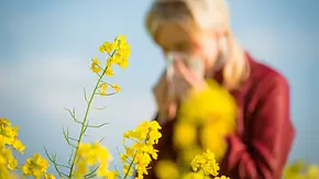 Frau steht mit einem Taschentuch hinter gelben Blüten - Foto: Sandor Jackal / AdobeStock