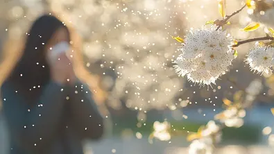 Blühender Baum mit Pollen und eine Frau, die niest. - Foto: Ekaterina / AdobeStock
