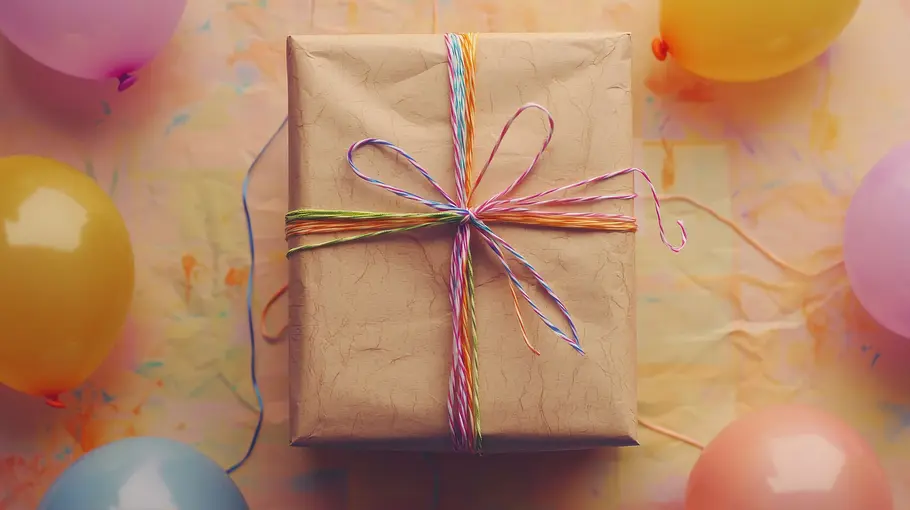 Geburtstagsgeschenk umgeben von Luftballons