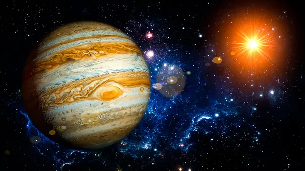 Jupiter in der Galaxie neben einem leuchtenden Stern - Foto: Collage mit mode_list / AdobeStock und Astrowoche.de Jupiter in der Galaxie neben einem leuchtenden Stern - Foto: Collage mit mode_list / AdobeStock und Astrowoche.de