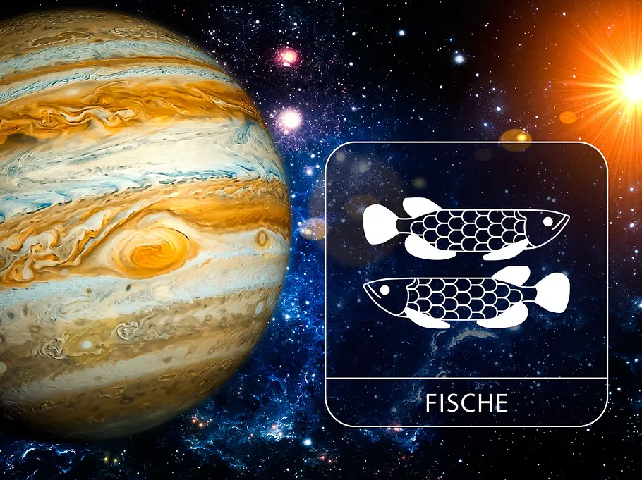 Sternzeichen Fische mit Jupiter in der Galaxie neben einem leuchtenden Stern