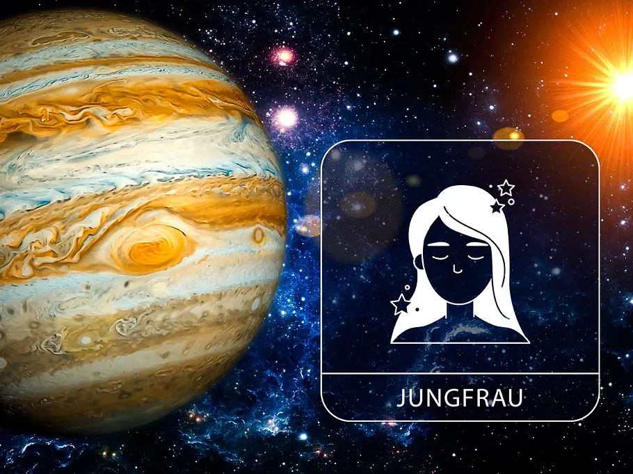Sternzeichen Jungfrau mit Jupiter in der Galaxie neben einem leuchtenden Stern