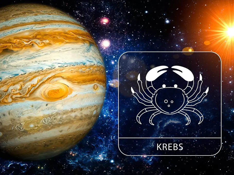 Sternzeichen Krebs mit Jupiter in der Galaxie neben einem leuchtenden Stern