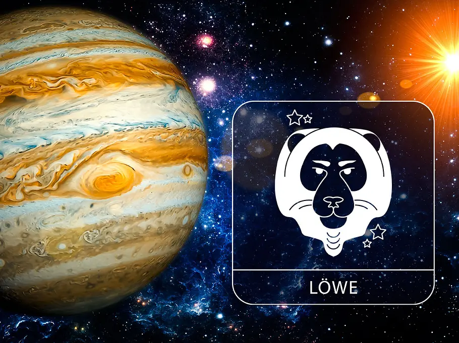 Sternzeichen Löwe mit Jupiter in der Galaxie neben einem leuchtenden Stern
