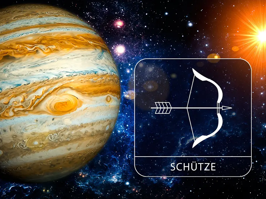 Sternzeichen Schütze mit Jupiter in der Galaxie neben einem leuchtenden Stern