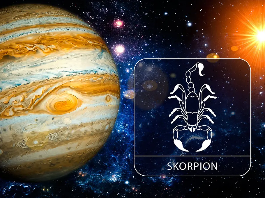 Sternzeichen Skorpion mit Jupiter in der Galaxie neben einem leuchtenden Stern