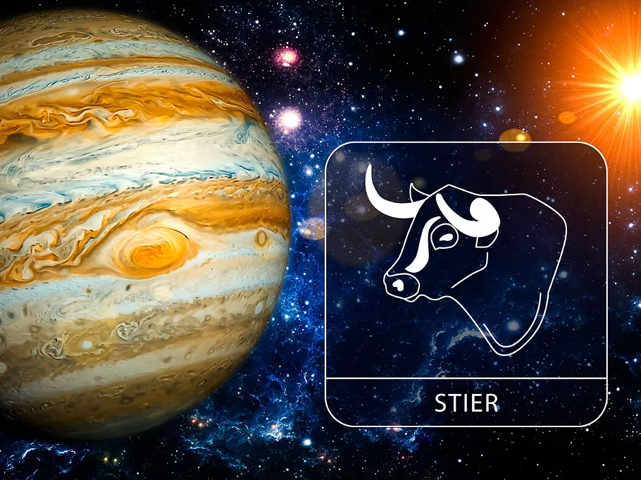 Sternzeichen Stier mit Jupiter in der Galaxie neben einem leuchtenden Stern