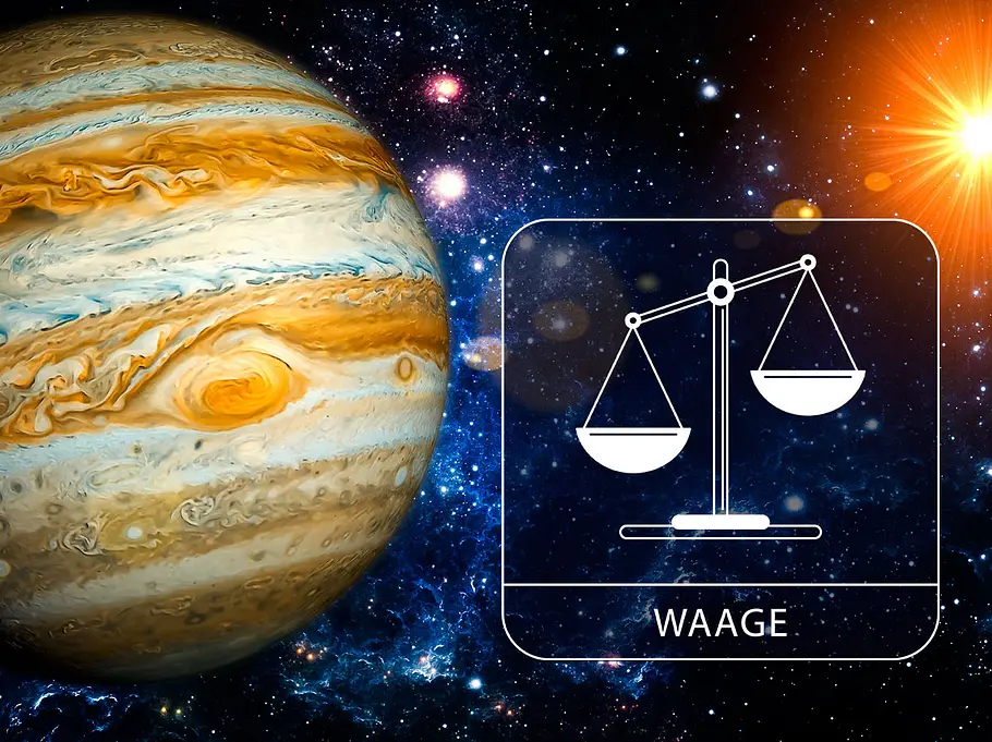 Sternzeichen Waage mit Jupiter in der Galaxie neben einem leuchtenden Stern