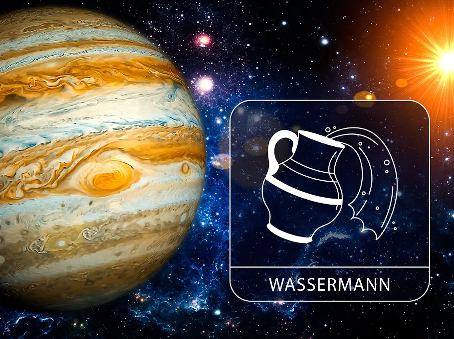 Sternzeichen Wassermann mit Jupiter in der Galaxie neben einem leuchtenden Stern