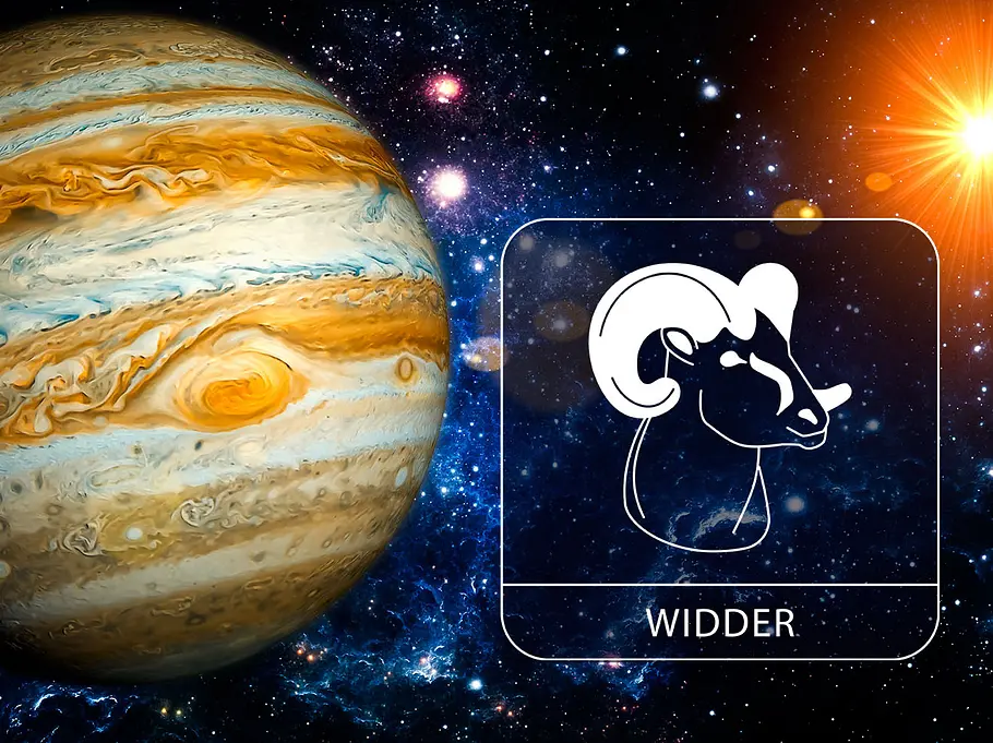 Sternzeichen Widder mit Jupiter in der Galaxie neben einem leuchtenden Stern