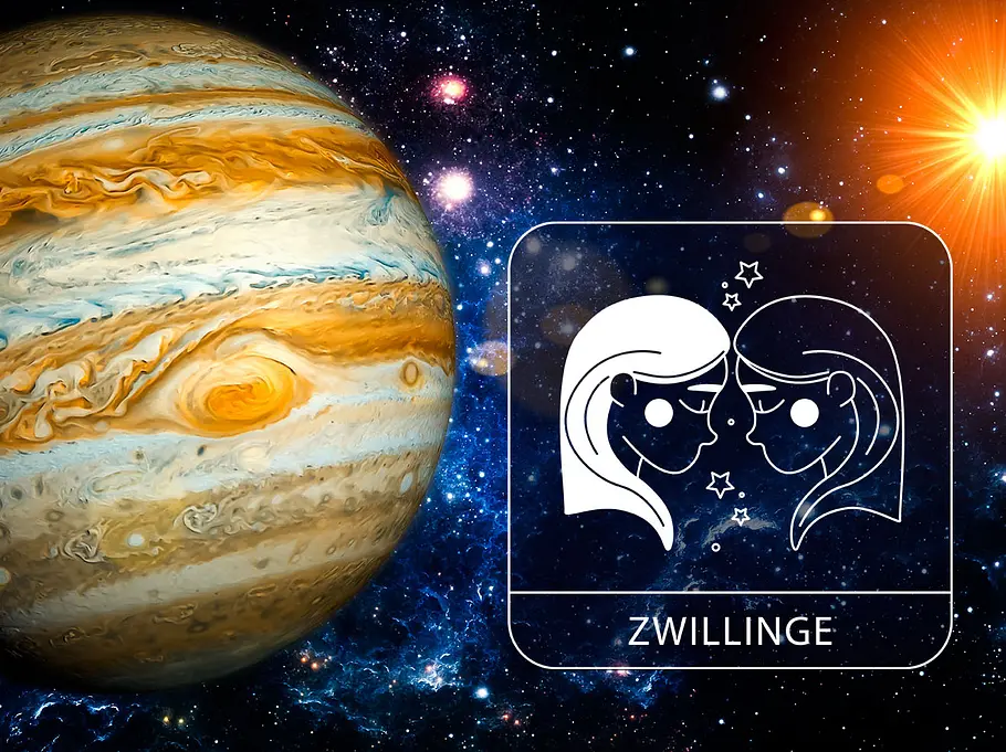 Sternzeichen Zwillinge mit Jupiter in der Galaxie neben einem leuchtenden Stern