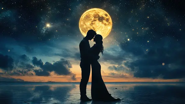 Silhouette eines Liebespaares vor einem leuchtenden Vollmond - Foto: AIsofeel/AdobeStock (KI generiert) Silhouette eines Liebespaares vor einem leuchtenden Vollmond - Foto: AIsofeel/AdobeStock (KI generiert)