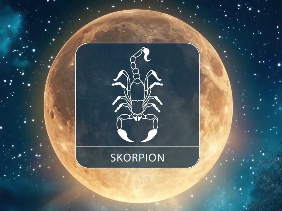 Das Sternzeichen Skorpion auf einem Vollmond, umgeben von Sternen