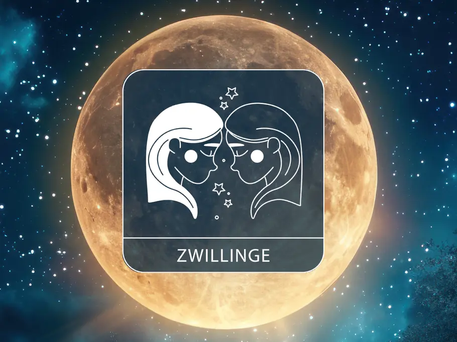 Das Sternzeichen Zwillinge auf einem Vollmond, umgeben von Sternen