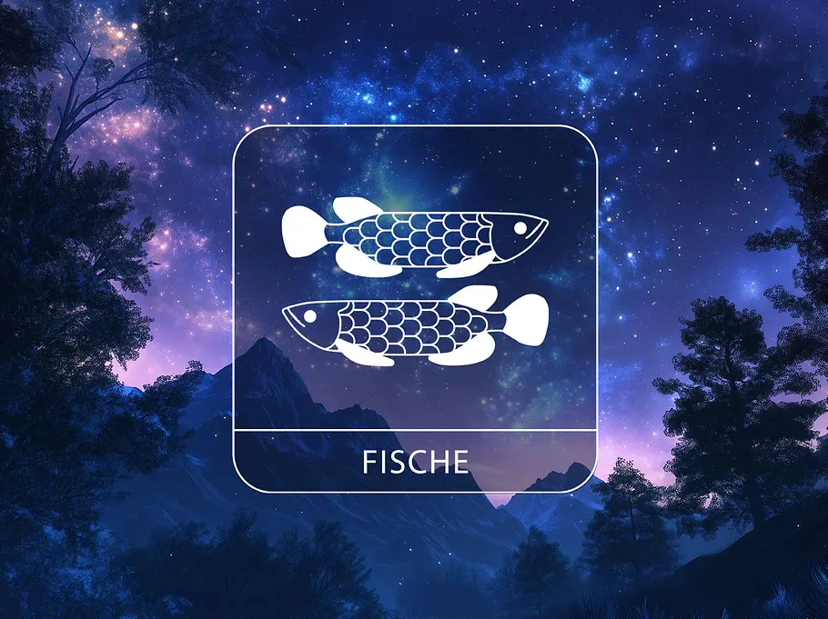 Sternzeichen Fische vor einer Berglandschaft vor einem leuchtenden Nachthimmel