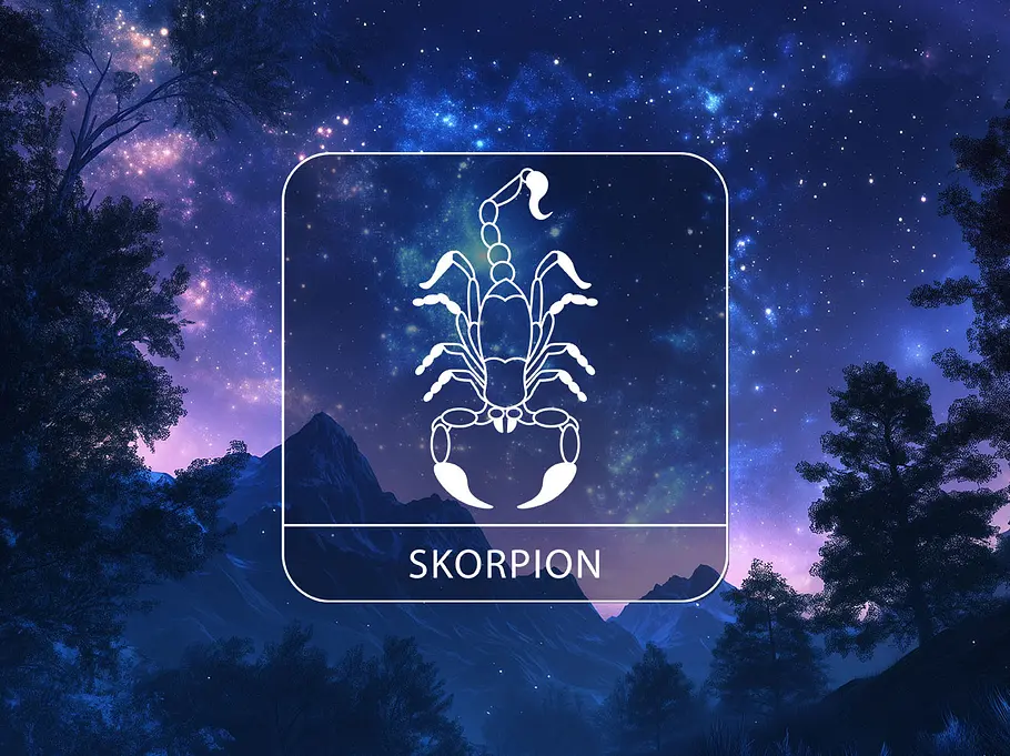 Sternzeichen Skorpion vor einer Berglandschaft vor einem leuchtenden Nachthimmel
