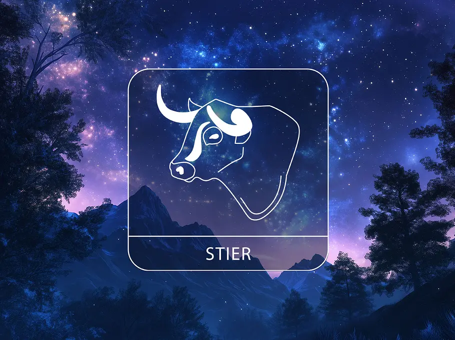 Sternzeichen Stier vor einer Berglandschaft vor einem leuchtenden Nachthimmel