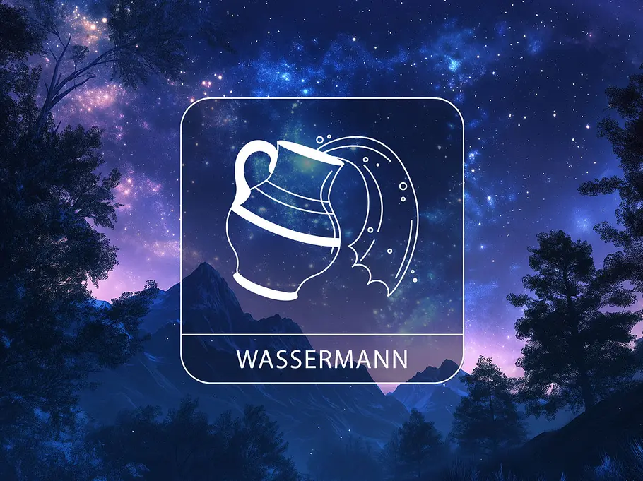Sternzeichen Wassermann vor einer Berglandschaft vor einem leuchtenden Nachthimmel