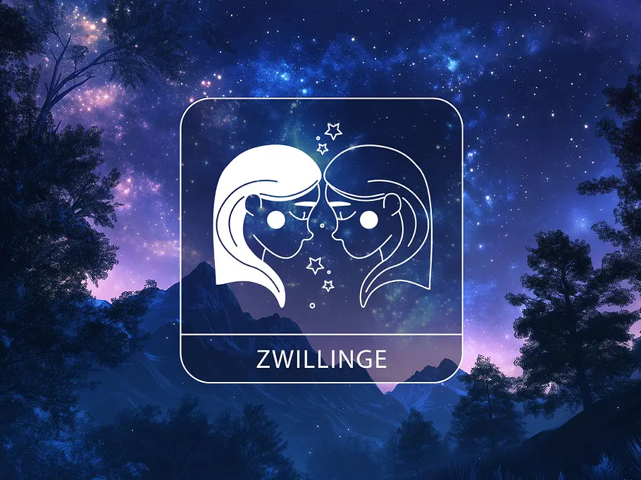 Sternzeichen Zwillinge vor einer Berglandschaft vor einem leuchtenden Nachthimmel