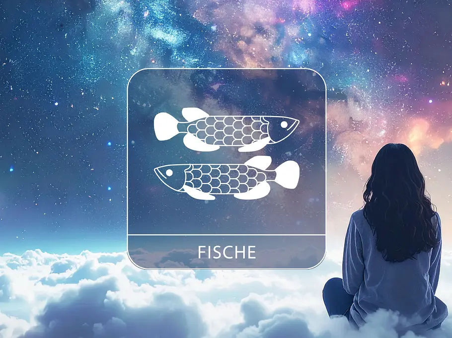 Sternzeichen Fische neben einer Frau, die auf einer Wolke vor der Galaxie sitzt.