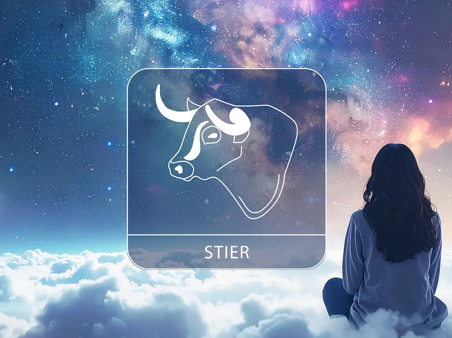 Sternzeichen Stier neben einer Frau, die auf einer Wolke vor der Galaxie sitzt.