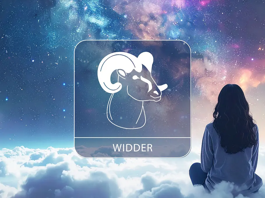Sternzeichen Widder neben einer Frau, die auf einer Wolke vor der Galaxie sitzt.