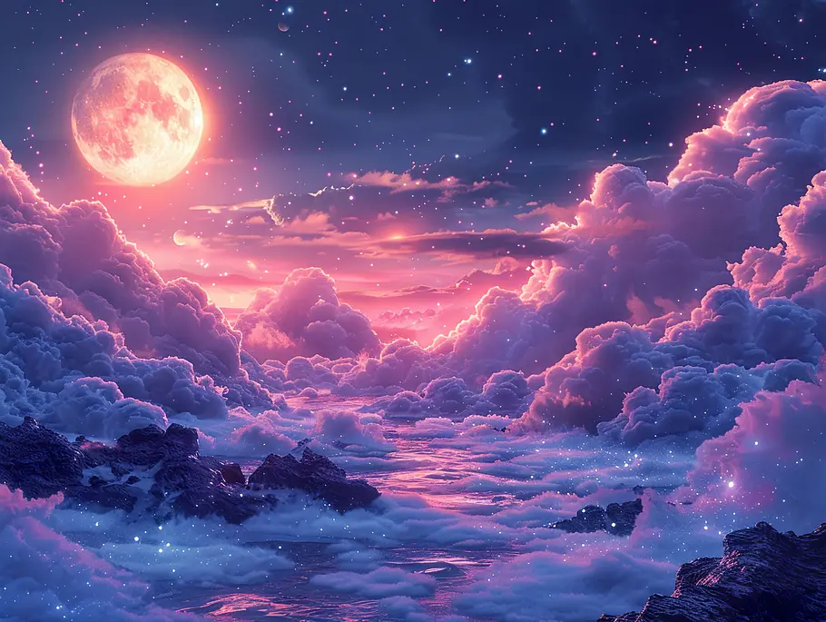 Horoskop Vollmond-Woche ab 07.04.2025 Ein Vollmond in einer traumhaften Fantasiewelt mit rosafarbenen Wolken