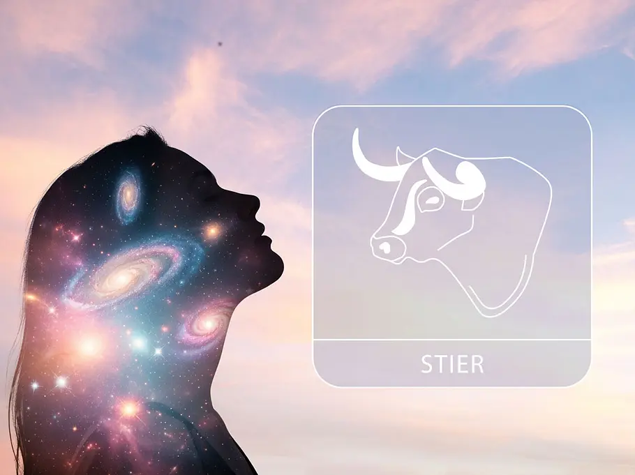 Sternzeichen Stier mit der Galaxie-Silhouette einer Frau vor einem zarten Wolkenhimmel