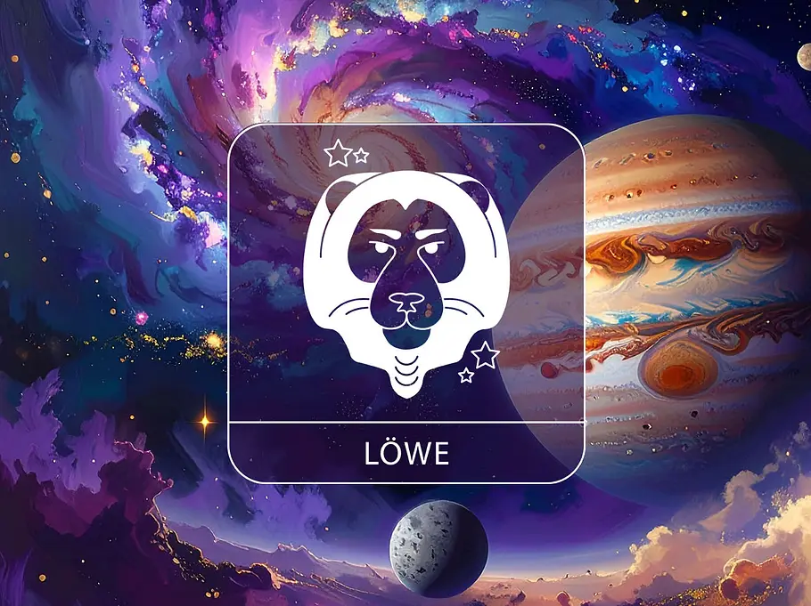 Sternzeichen Löwe vor einer bunten Galaxie mit Jupiter und Merkur