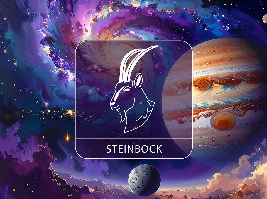 Sternzeichen Steinbock vor einer bunten Galaxie mit Jupiter und Merkur
