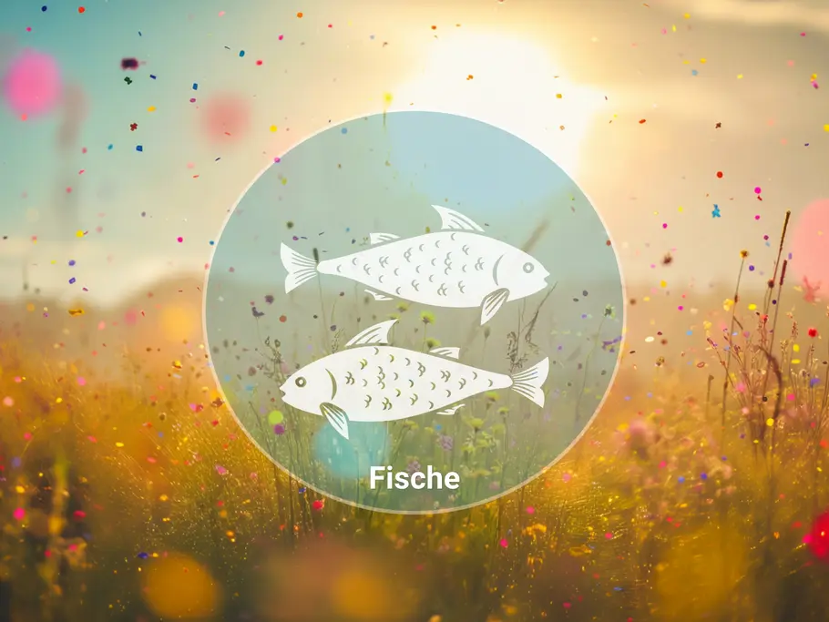 Zwei weiße Fische und der Schriftzug „Fische“ stehen in einem hellblauen Kreis vor einer sonnigen Wiese mit bunten Punkten.