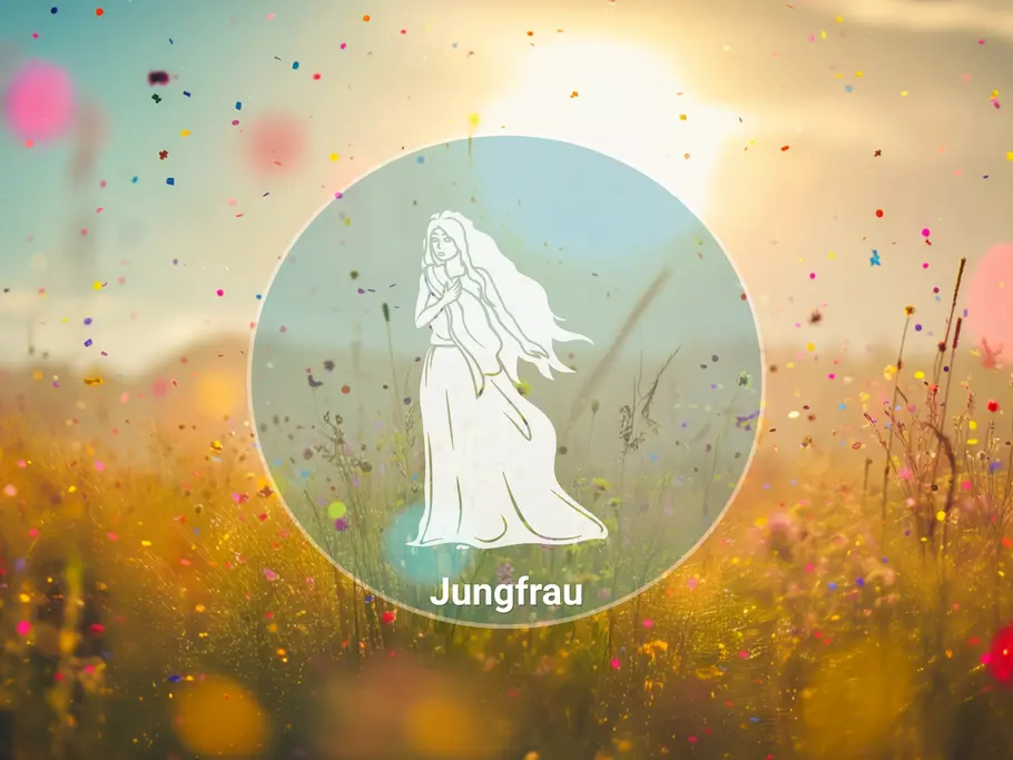 Eine weiße Frauenfigur mit der Aufschrift „Jungfrau“ steht in einem Kreis vor einer sonnigen Blumenwiese mit buntem Konfetti.