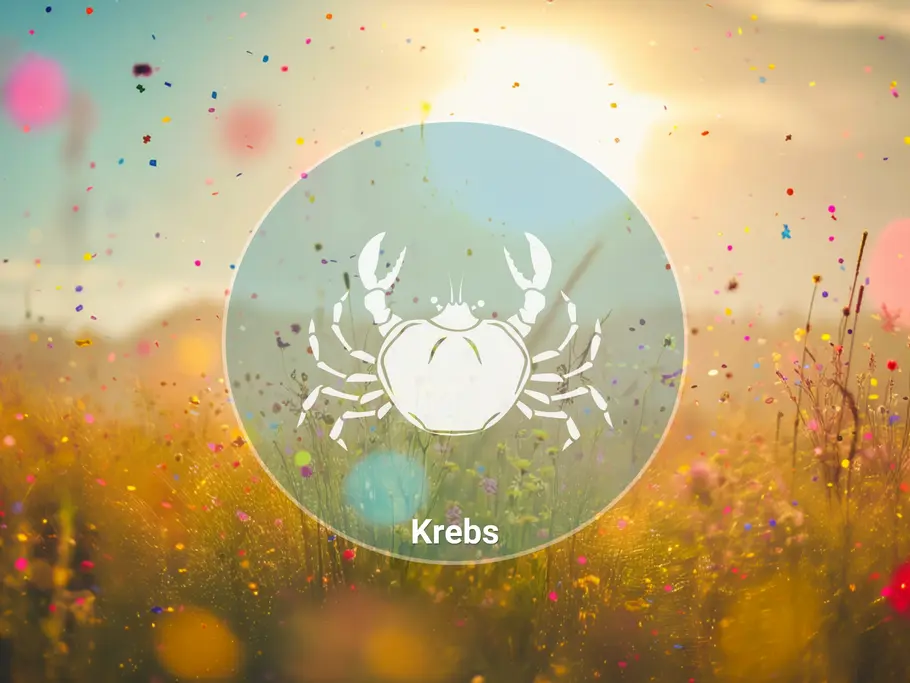 Ein weißes Krebssymbol mit der Aufschrift „Krebs“ steht in einem hellblauen Kreis vor einer sonnigen Wiese mit buntem Konfetti.