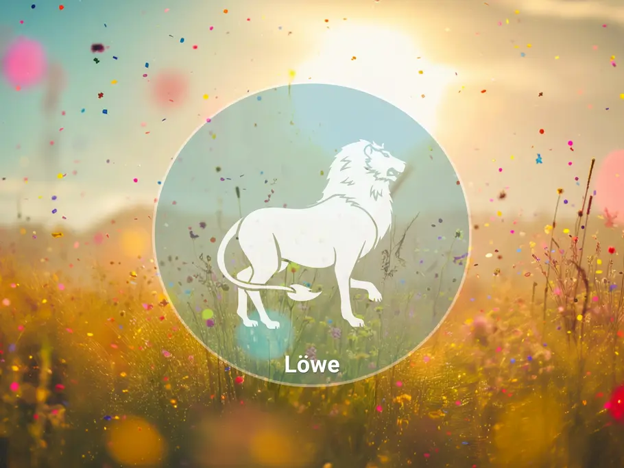Eine weiße Löwensilhouette mit der Aufschrift „Löwe“ steht in einem Kreis vor einer sonnigen Wiese mit buntem Konfetti.