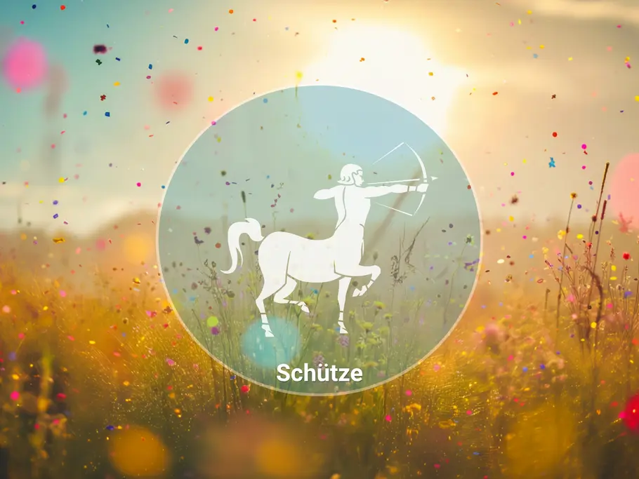 Ein weißer Zentaur mit Pfeil und Bogen und der Schriftzug „Schütze“ stehen im Kreis vor einer Wiese mit buntem Konfetti.