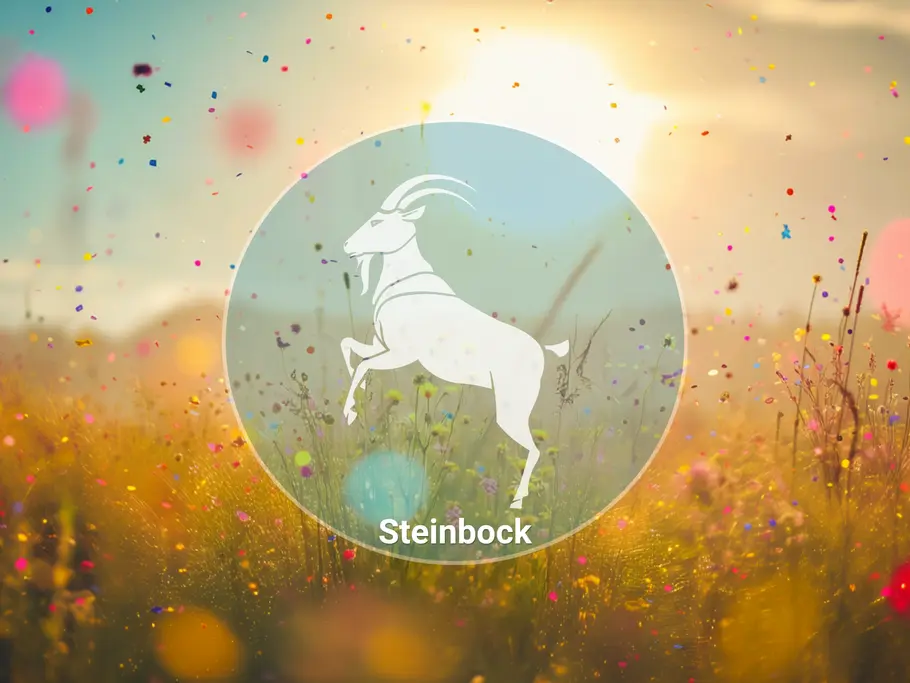 Ein weißer Steinbock mit Schriftzug „Steinbock“ steht in einem hellblauen Kreis vor einer sonnigen Wiese mit buntem Konfetti.