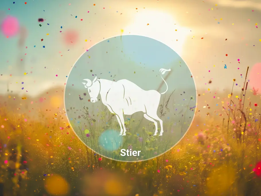 Eine weiße Stiersilhouette und der Schriftzug „Stier“ stehen in einem Kreis vor einer sonnigen Wiese mit buntem Konfetti.