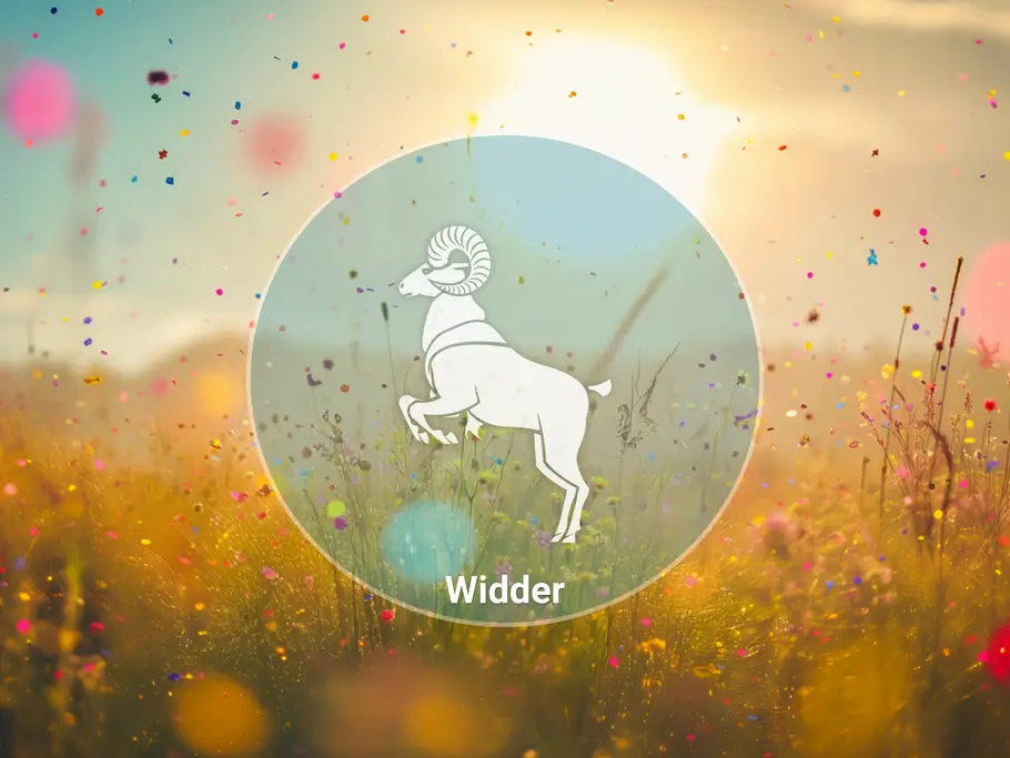 Ein weißer Widder mit der Aufschrift „Widder“ steht in einem hellblauen Kreis vor einer sonnigen Wiese mit buntem Konfetti.